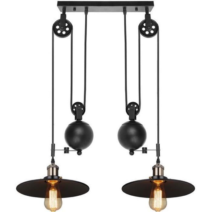 Lámpara de techo colgante UNI de 2 cabezales con polea, color negro, para cocina, sala de estar, dormitorio, cafetería, bar.