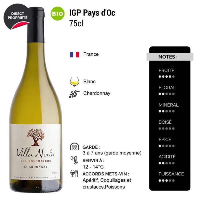 Villa Noria Pays d'Oc Les Colombiers Chardonnay – Weißwein aus Languedoc-Roussillon (3x75cl) Bio
