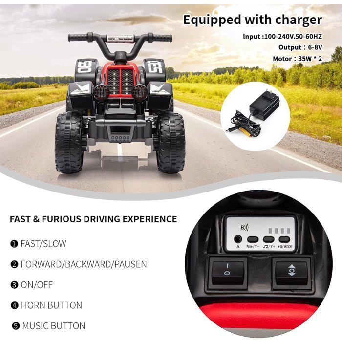Quad eléctrico de 6 V para niños, coche eléctrico infantil con luces LED y música, 1,8 km/h con claxon, ATV para niños de 3 años en adelante, rojo.