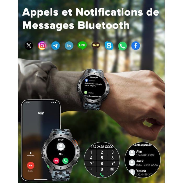 Montre Connectée Homme Sport:Étanche Ip68 Fitness Smartwatch Avec Torche Led Podometre - Appel Bluetooth Montres Compatible[YC532]