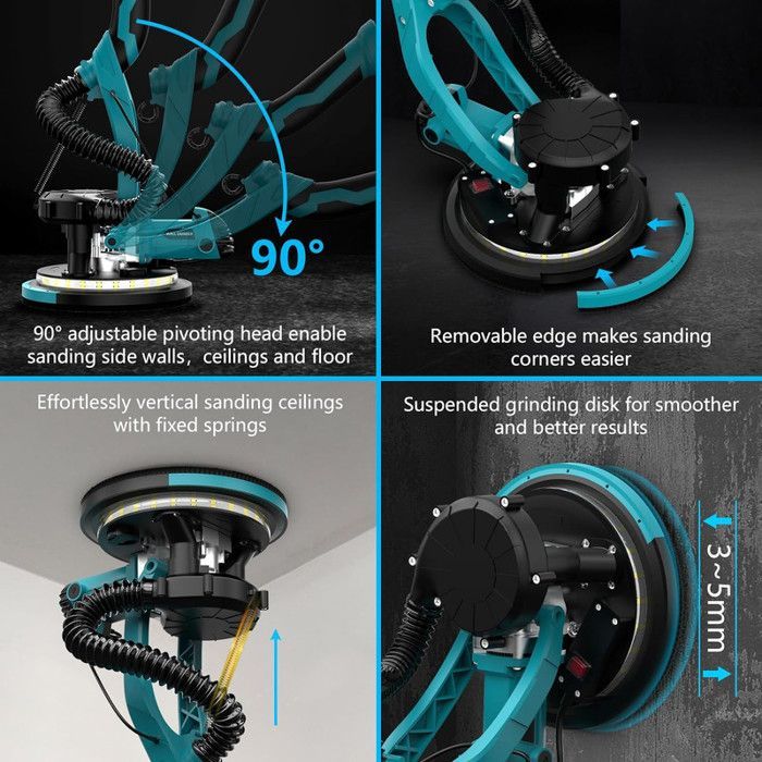 Levigatrice Giraffe da 1250 W con aspirazione automatica della polvere - Impugnatura telescopica e pieghevole - 6 velocità da 800 a 1800 giri/min - Testa rotante a 90°