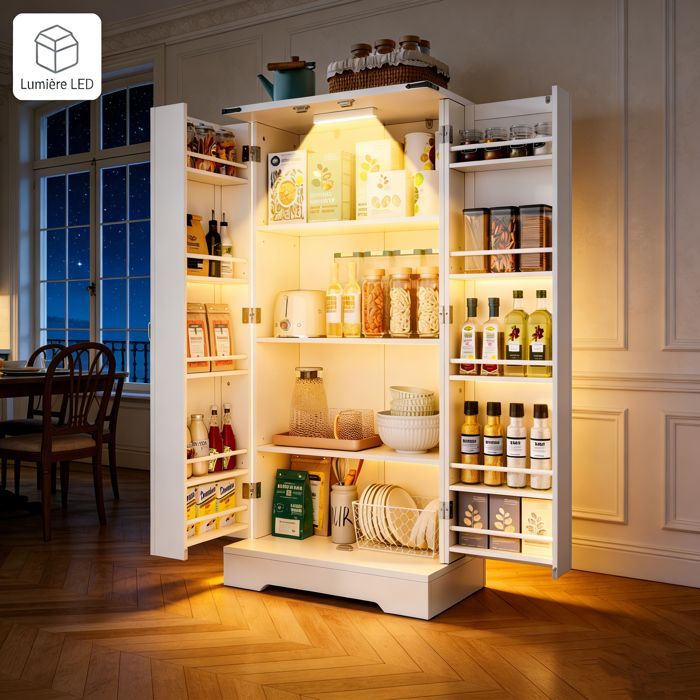 Kitchen Buffet with Integrated LED Lighting - 128cm Tall Cabinet for Small Spaces - 2 Doors and 10 Adjustable Shelves