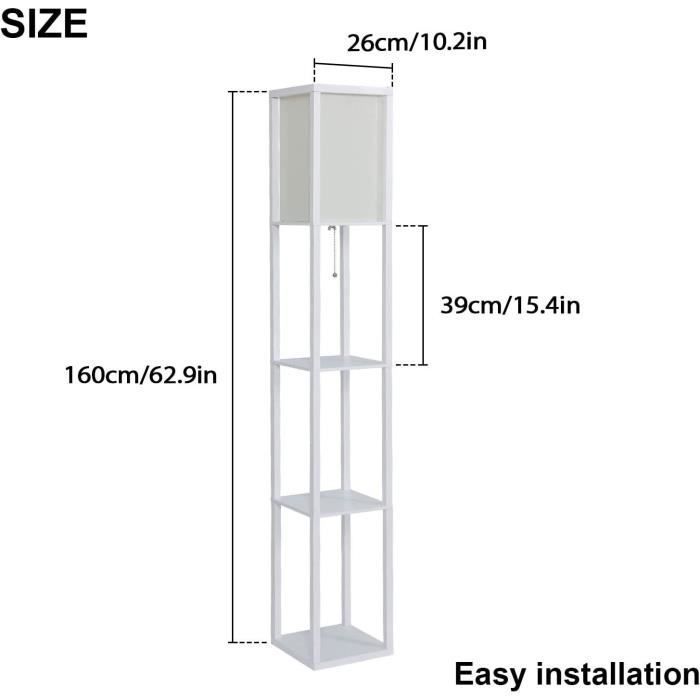 Wooden floor lamp, designer floor lamp with 3 shelves and E27 base, 1.6m, white shelf floor lamp