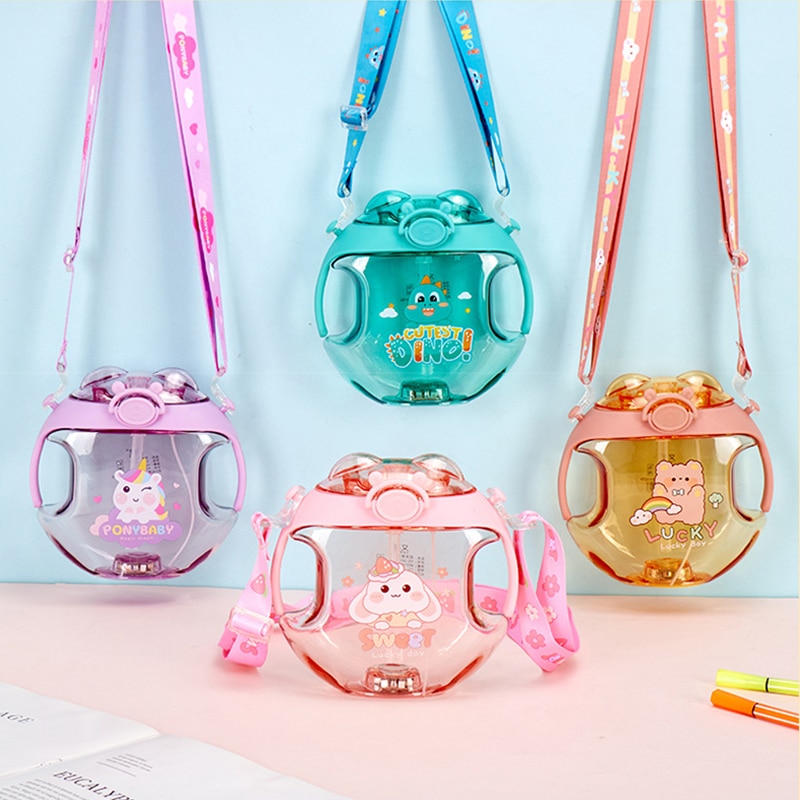 450 ml Donut-förmiger Becher, leuchtende Trinkflasche aus Kunststoff für Kinder mit Strohhalmen, Sprühflasche mit Cartoon-Motiv für Kinder, Wasserflasche für draußen