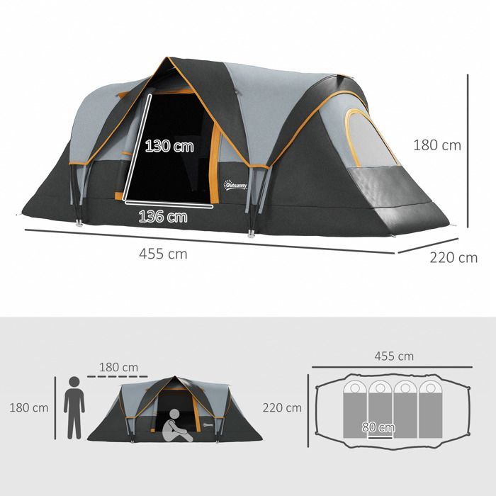 Tienda de campaña familiar Outsunny para 5-6 personas - Impermeable, ligera, ventilada, fácil de montar - Puerta, 2 ventanas - Gris claro