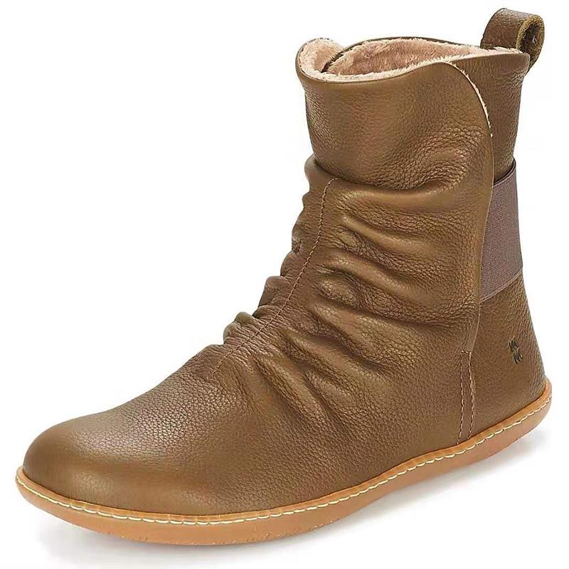 Stivaletti plissettati da donna, stivali invernali caldi e morbidi da donna, scarpe basse invernali da donna in morbida pelle, calzature da donna