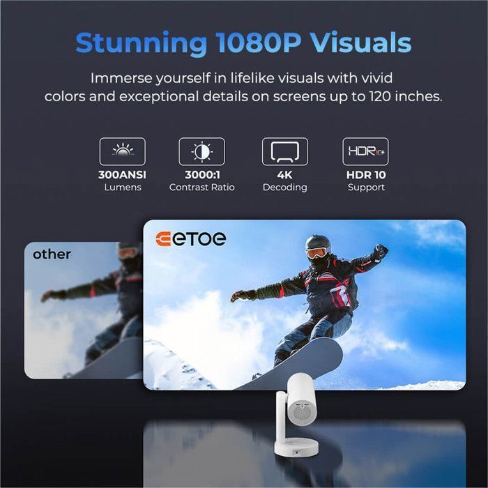 Projecteur ETOE Starfish Plus Android 4K - Google TV Intégré, Correction Automatique, Inclinaison de 140, WiFi 5G et Bluetooth 5.0