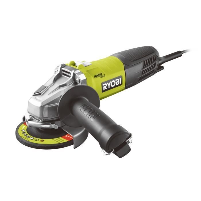 RYOBI - Meuleuse d'angle 800 W 125mm -  protection anti-redémarrage + coffre, 5 disques à ébarber & 1 disque diamant - RAG800-125TA6