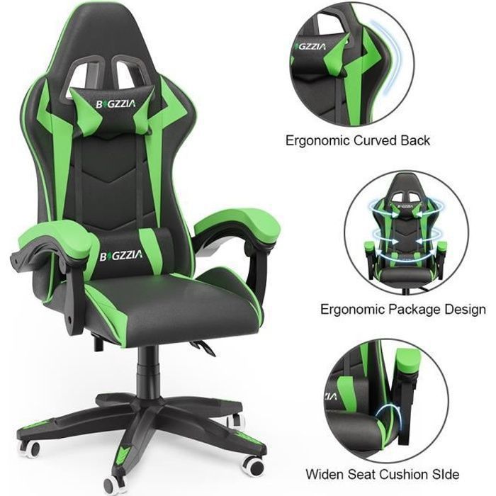 Silla gaming BIGZZIA, silla gaming ergonómica, giratoria y cómoda, reclinable de 90 a 135°, altura ajustable de 114 a 124 cm, color negro y verde.