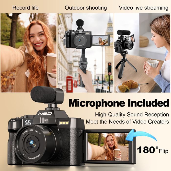 Videocamera digitale NBD - Videocamera 4K - Zoom digitale 16x - Nera
