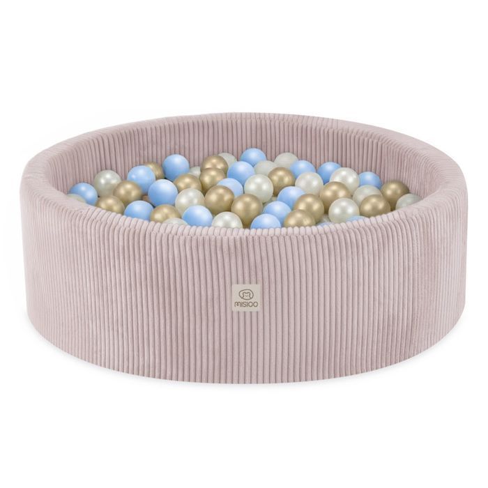 MISIOO Round Corduroy Ball Pit for Baby and Children's Room, Pink, 90x30 cm, 300 Balls: Blue/Gold/Pearl White