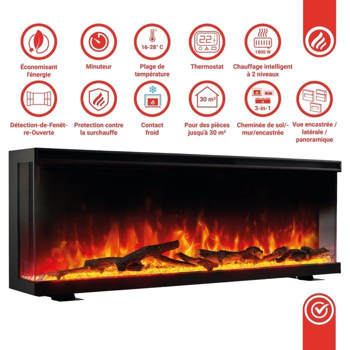 Electric Fireplace - KAMINIO - LEA - 3-in-1 - Panoramic View - Remote Control - 1800W