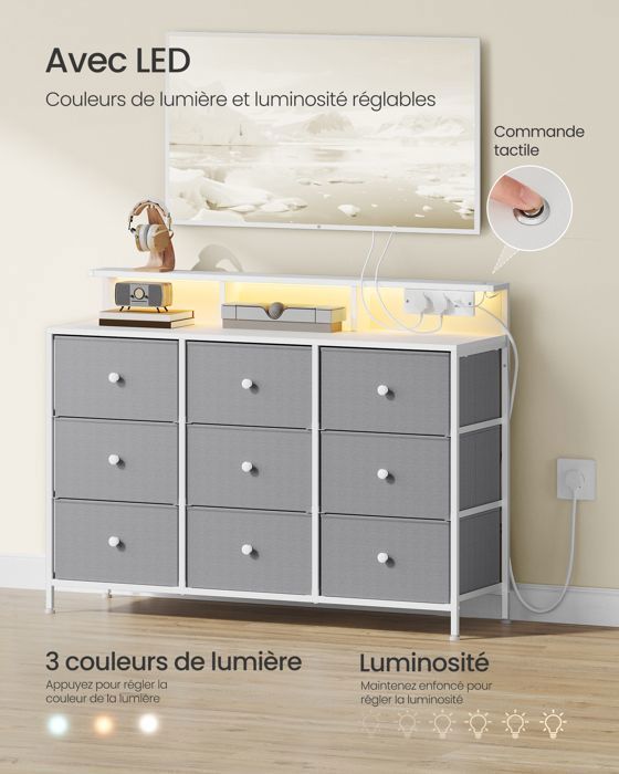 Commode avec 9 Tiroirs et Éclairage LED, Multiprise, Cadre en Acier, 33,5 x 114 x 84 cm, pour Chambre, Salon, Gris Tourterelle