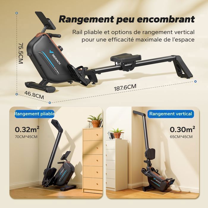 Rameur magnétique pliable – MERACH – Ecran LED – Compatible APP – 16 niveaux de résistance – Robuste et stable – Noir