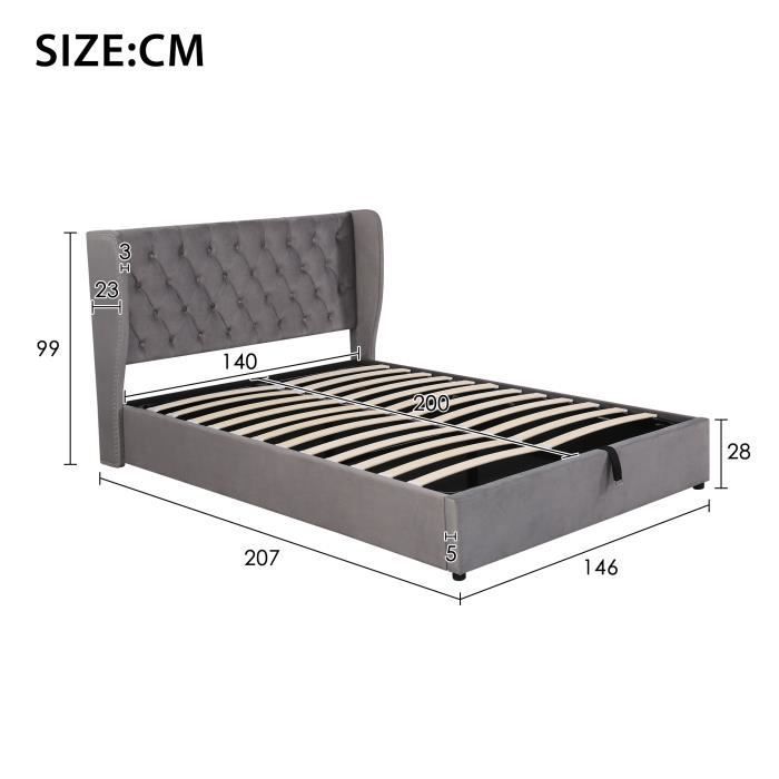 Letto imbottito - MODERNLUXE - Grigio - 140 x 200 cm - Vano contenitore - Rete a doghe