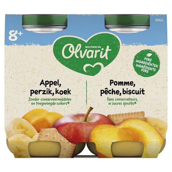 Olvarit 8+M ovocná kaša s broskyňou a jablkom<br>2 x 200g
