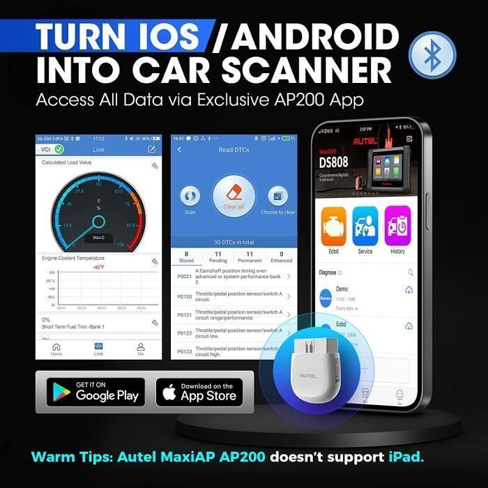Autel AP200 OBD2 Bluetooth Car Diagnostic Tool with Full System Diagnostics