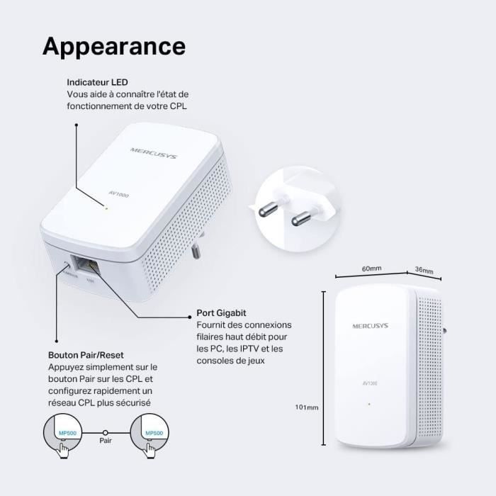Adattatore Powerline da 1000 Mbps - Kit Mercusys MP500 - Adattatore Powerline in fibra con 1 porta Gigabit - Kit di 2 adattatori Powerline