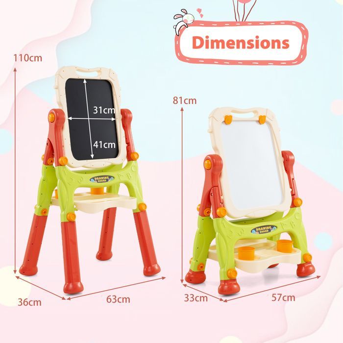 Caballete infantil GIANTEX para mayores de 3 años, pizarra magnética giratoria y extraíble de doble cara, altura ajustable, 57x33x81cm, naranja.