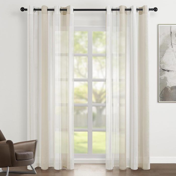 Topfinel Rideau Voilage 140x240cm BlancKaki Rayures 2 Panneaux Transparent Voilage Fenetre à œillets d'intérieur pour Salon Chambre