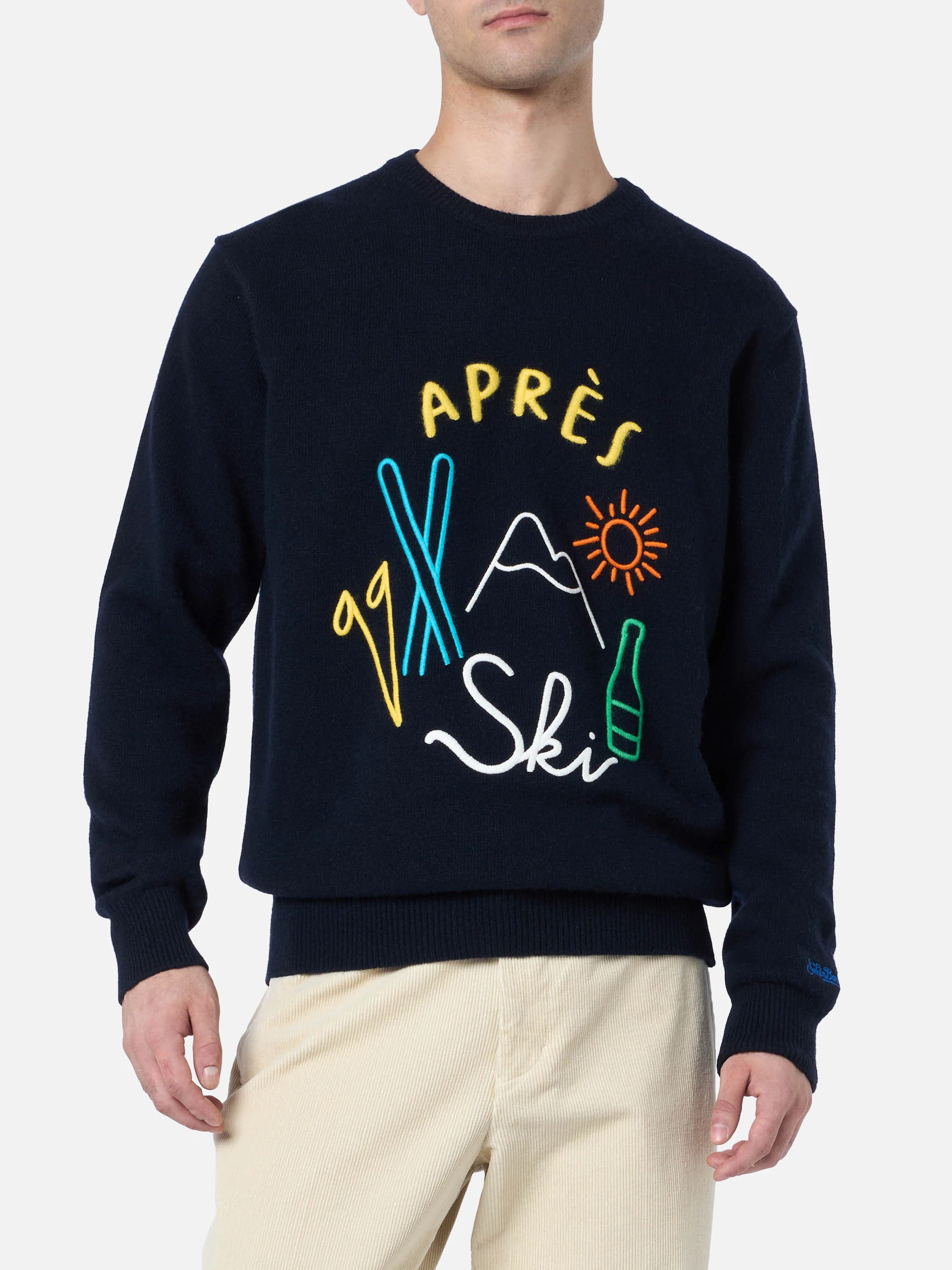 Heren blauwe trui met ronde hals en reigerprint | Après-ski borduurwerk | St. Barth logo borduurwerk op de manchet | Normale pasvorm | Hoogwaardige materialen | MC2 Saint Barth