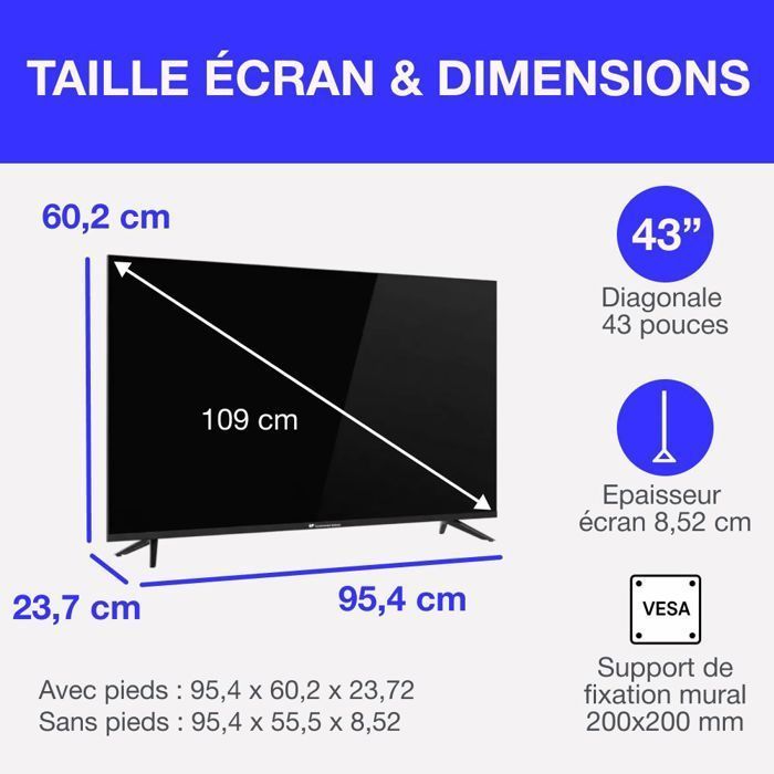 Televisor QLED - Continental Edison - CELED43SVQLD25B6 - 43'' (109 cm) - UHD 4K 3840x2160 - SMART VIDAA - 3xHDMI - 2xUSB