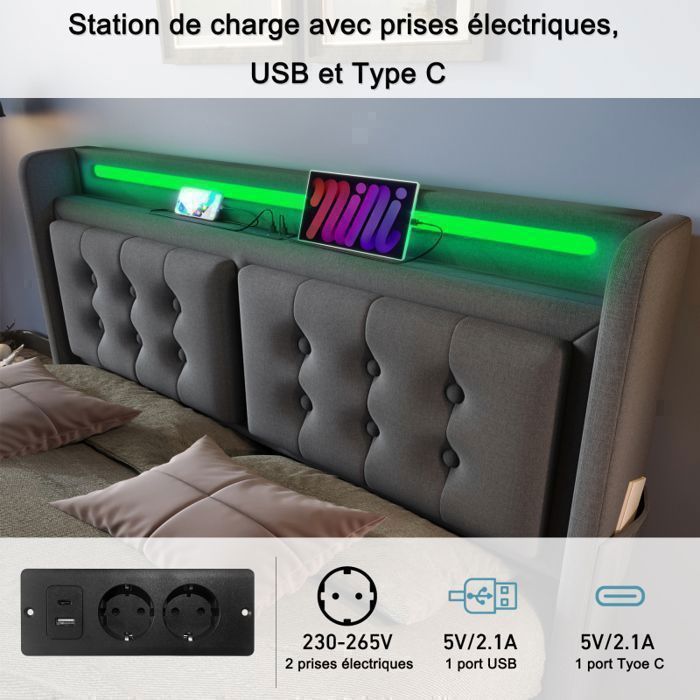 Cama doble tapizada de 180 x 200 cm - Cabecero con iluminación LED RGB y 2 puertos EU/USB/Tipo-C - Cama con almacenamiento y 4 cajones - Para 2/3 personas - Lino gris
