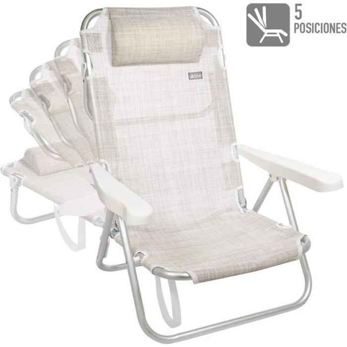 Beige folding low chair with cushion, 108x60x82 cm, Aluminium/Textilene