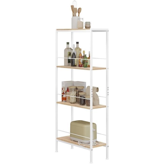 WOLTU Étagère Étroite à 4 Niveaux, Étagère Angle pour Cuisine, Salon, en MDF, Cadre Métallique, Chêne Clair+Blanc, 50x20x110cm