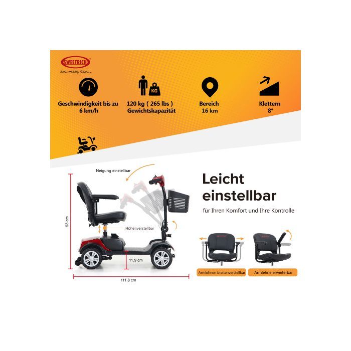 Scooter eléctrico de 4 ruedas, motor de 300 W, asiento giratorio de 360°, autonomía de 25 km, batería de plomo-ácido extraíble de 12 Ah, movilidad para personas con movilidad reducida y personas mayores.