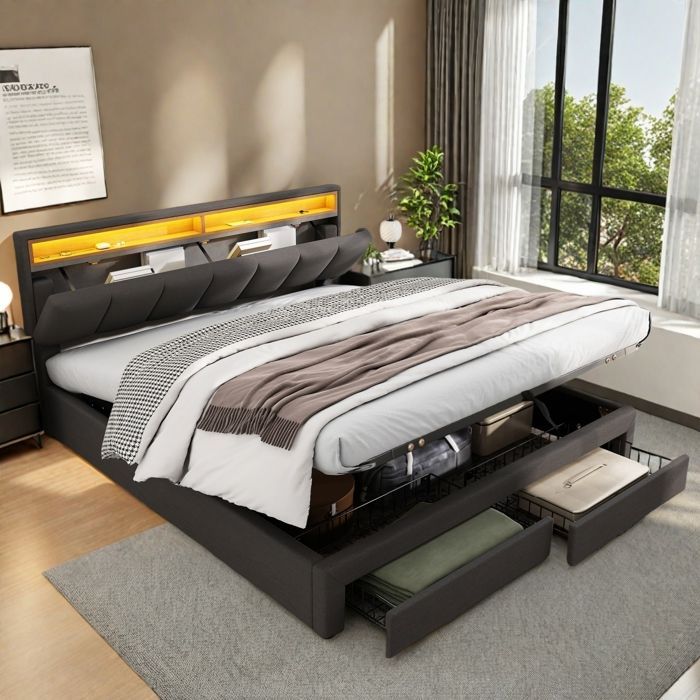 Letto contenitore 160 x 200 cm, letto 160x200 con rete a doghe, letto per adulti con 2 cassetti e illuminazione a LED, struttura letto con testiera, grigio, lino