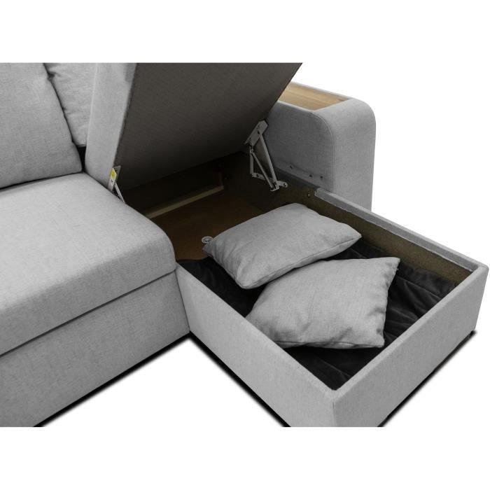 Canapé d'angle convertible réversible VALDO 3 à 4 places - Tissu Souris - Tablette avec USB - Coffre + Pouf - L247xP143xH86 cm