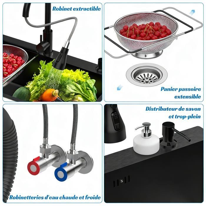 Keukenwastafel van roestvrij staal 80x45 cm – FIANAO – enkele spoelbak – nanocoating – snelle X-afvoer – uittrekbare kraan + accessoires