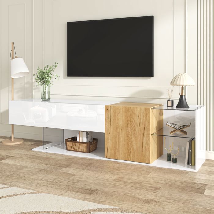Mobile porta TV moderno - LEMONBEST - 180x38x48 cm - Bianco lucido - 2 ante - Ripiani in vetro temperato