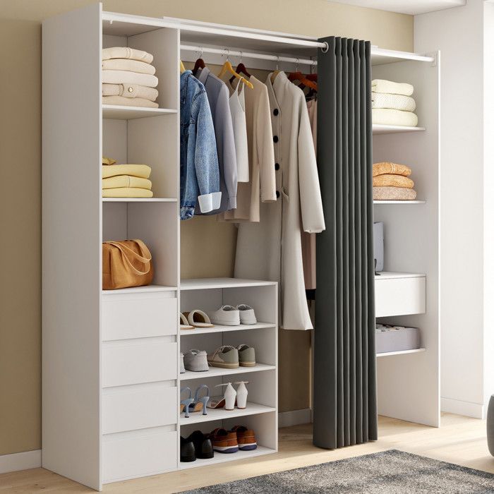 IDMARKET MERYL XXL Armadio doppio estensibile 120/180 cm bianco con cassetti + ripiani + asta appendiabiti + tenda grigia