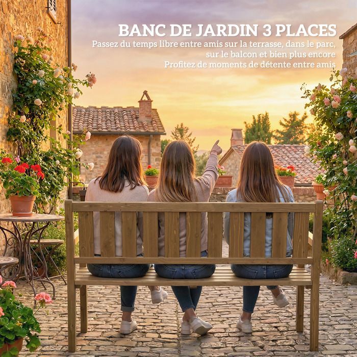 Banco de jardín - banco de exterior - Outsunny - 3 plazas, personalizable (DIY) con capacidad de carga de 360 kg - madera - 167x57x93cm - teca