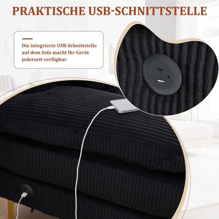 Wendbares 4-Sitzer-Ecksofa, U-förmiges Sofa mit LED-Beleuchtung und USB-C-Anschluss, 4 Kissen und hochwertiger ergonomischer Rückenlehne, Holz