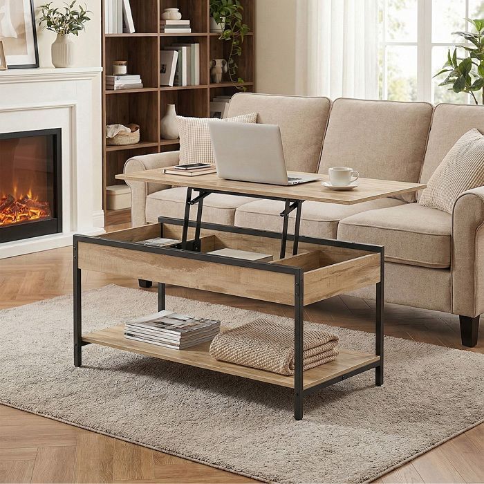 Mesa de centro con tapa elevable, almacenamiento oculto y abierto, mueble de salón, 100 x 50 cm, marrón camel y negro.