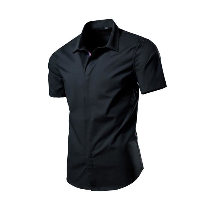 Camisa casual de manga corta para hombre con cuello elástico, corte ajustado de verano a la moda - Negro - INSFITY