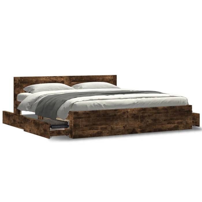 Estructura de cama vidaXL con cabecero, roble ahumado, 200x200 cm, muebles de dormitorio, cama doble, base de cama, estructura de cama