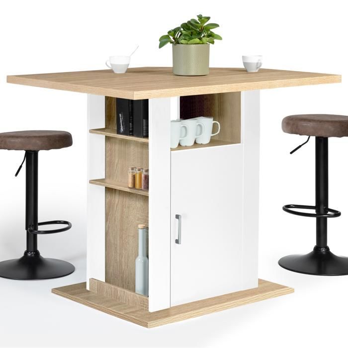 IDMARKET Ilot central UGO 110 cm bois blanc et imitation hêtre avec rangements