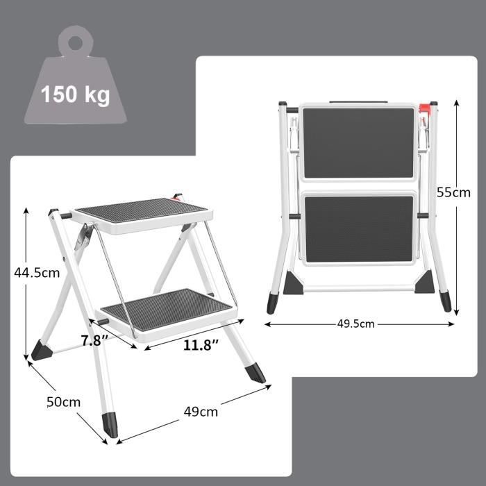 Marchepied à 2 Marches Pliable Escabeau Métallique Antidérapante Marche 30 x 20 cm, Capacité 150 kg 50 x 49 x 45 cm Blanc