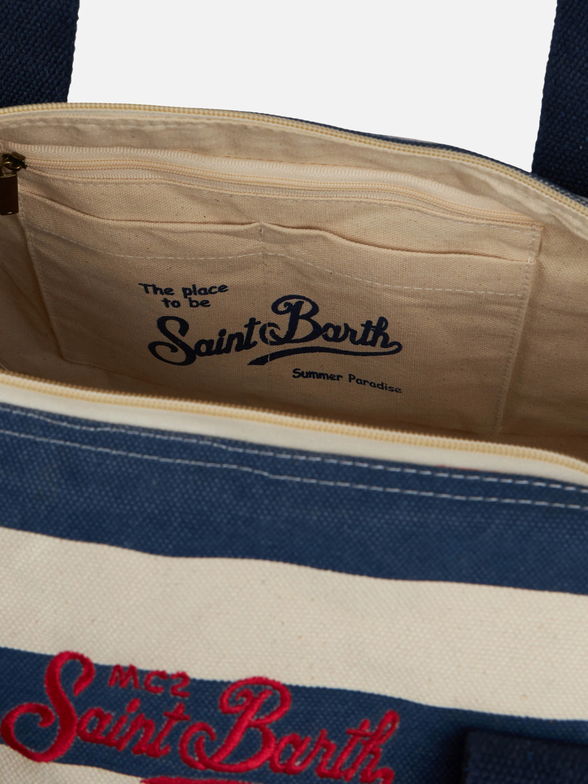 Navy Blue and White Stripes Cotton Travel Duffel Bag with Saint Barth Embroidery | 100% Cotton | MC2 Saint Barth