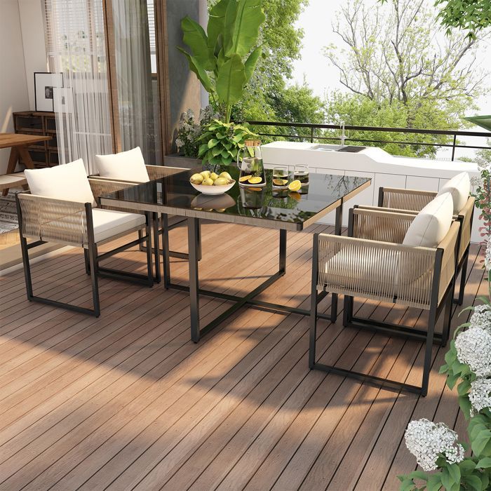 Conjunto de mesa y sillas de jardín - 4 plazas - 1 mesa y 6 sillas decoradas con cuerda - Beige
