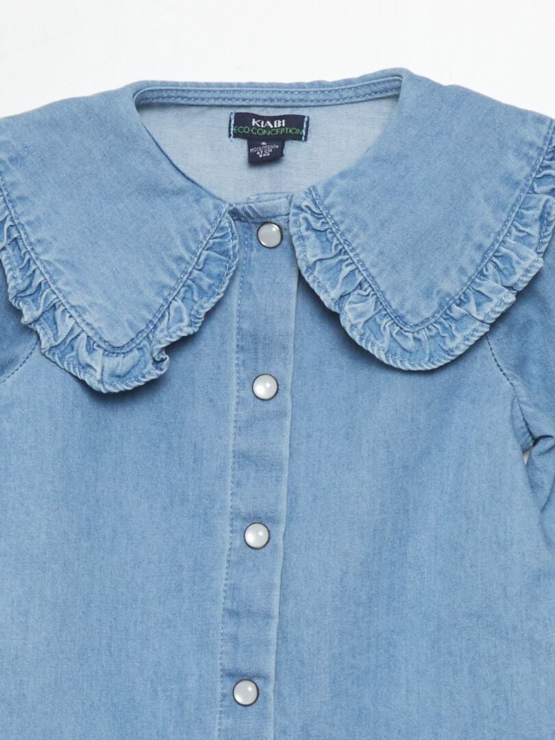 Camisa jeans com gola franzida - AZUL