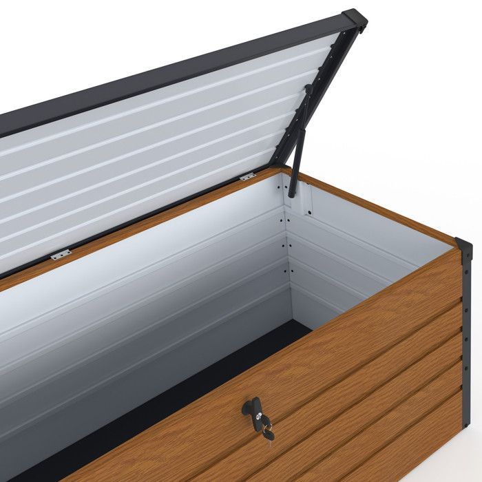 IDMARKET Caja de almacenamiento metálica con cerradura, efecto madera y gris, para jardín, 600 L, 165 x 70 x 63 cm