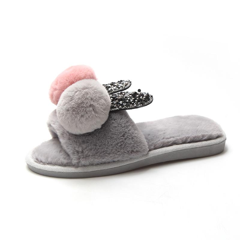 Autumn new arrival cute girls korean version pompom slippers fur slides women's winter indoor shoes