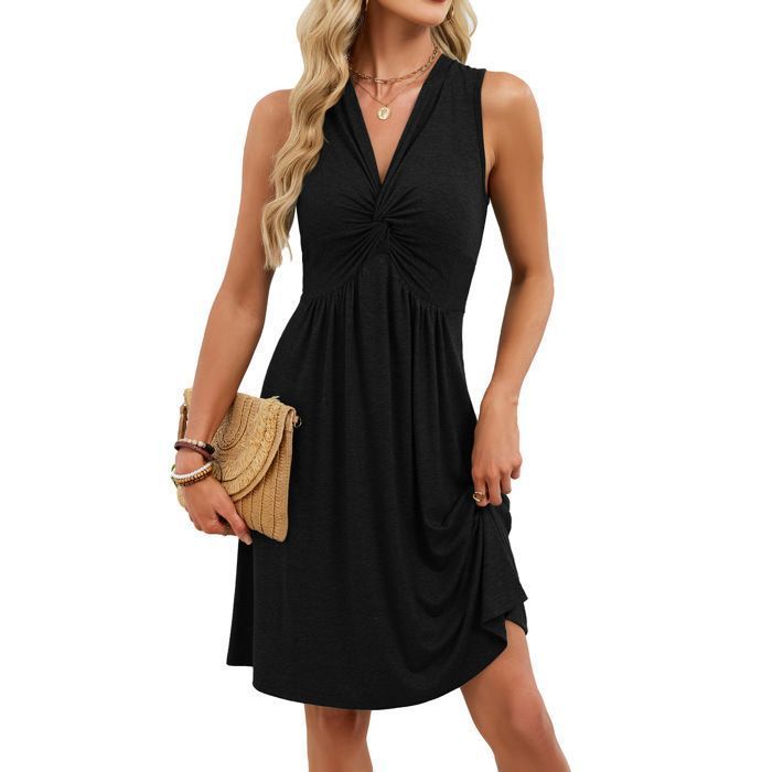 Elegante vestido sin mangas para mujer con cómodo escote en V, color negro.