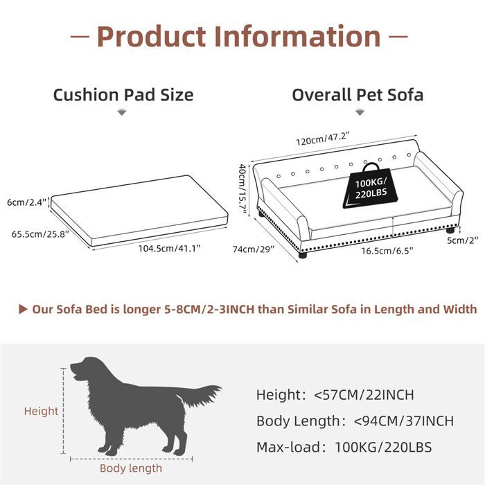 Canapé pour Chien Grande Taille - Moderne et Chic - Gris - 120x74x40cm