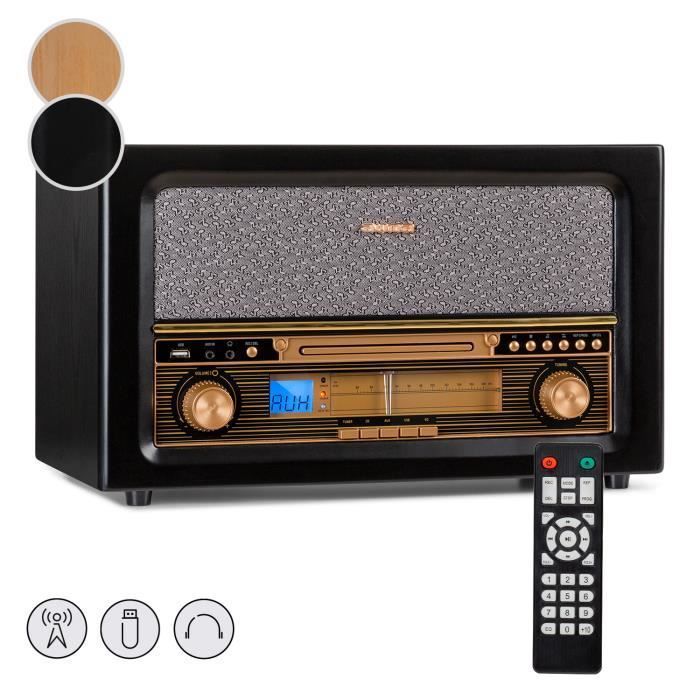 Sistema Hi-Fi - Auna Belle Epoque 1906 - CD-FM-USB-MP3-REC-AUX - Schermo LCD - 2 x 2,5 watt RMS - Stereo - Design retrò nero